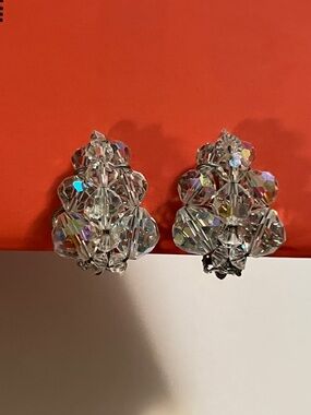 Vintage Crystal Cluster Clip-On Earrings - Clear Aurora Borealis